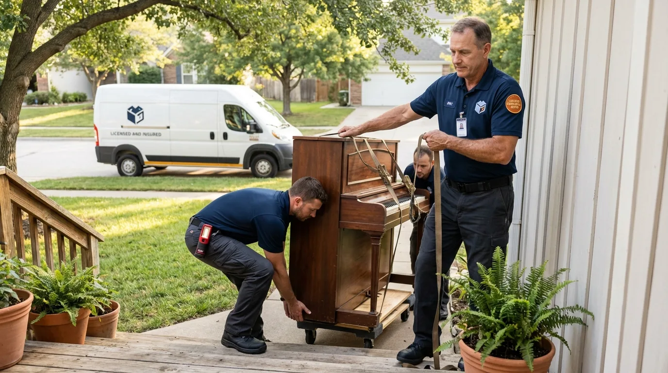 Licensed piano movers securing grand piano in Hawthorne, CA