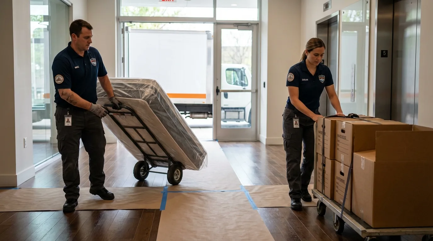 Professional apartment movers loading elevator in Hawthorne, CA