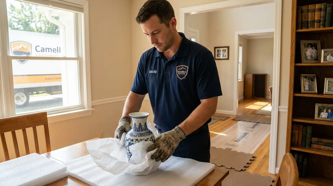 Professional crew carefully wrapping antique vase for senior downsizing move in Hawthorne, CA
